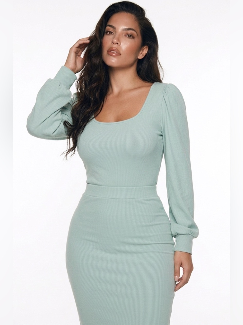Scoop Neck Long Sleeve Top in Sage Green - Picture 4 of 16